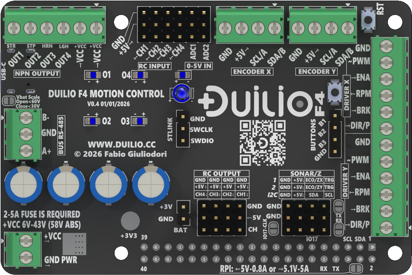 DUILIO F4 STM32 motion control board, top view